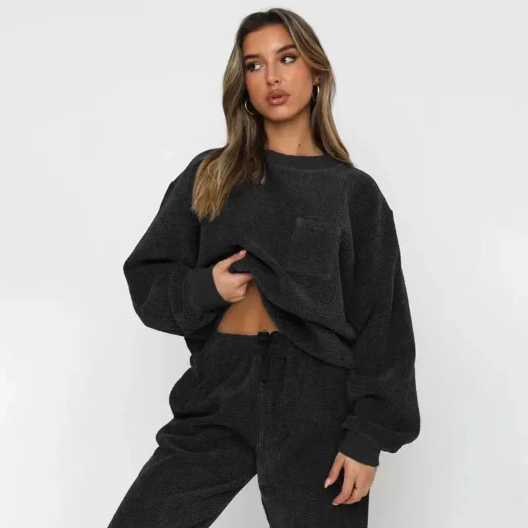 Women's oversized corduroy loungewear set in neutral tones with textured ribbed finish