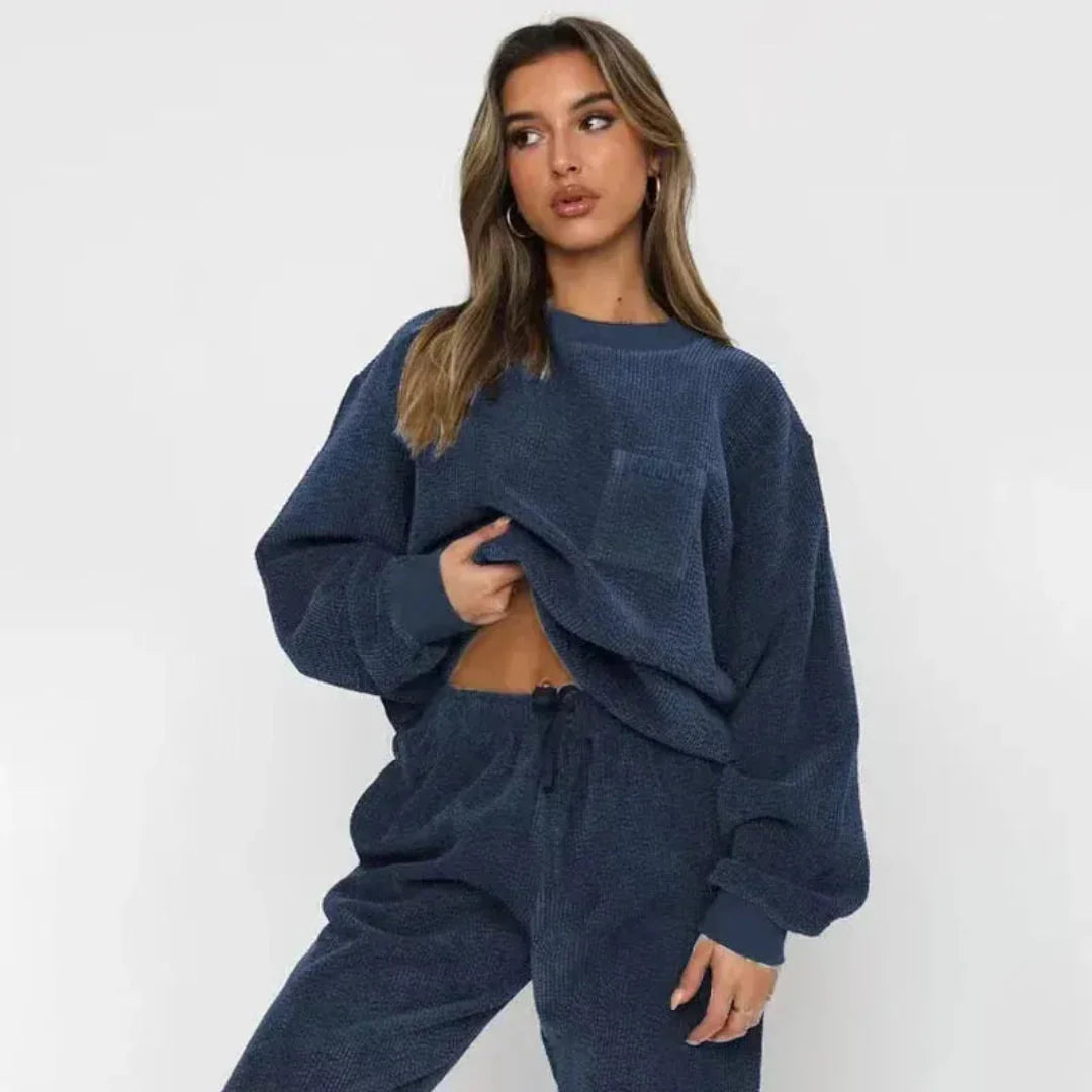 Women's beige oversized corduroy loungewear set with textured finish for cozy relaxed comfort