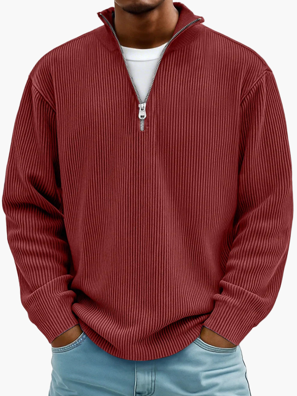 Men's half-zip ribbed knit sweater modern casual fit versatile office everyday style