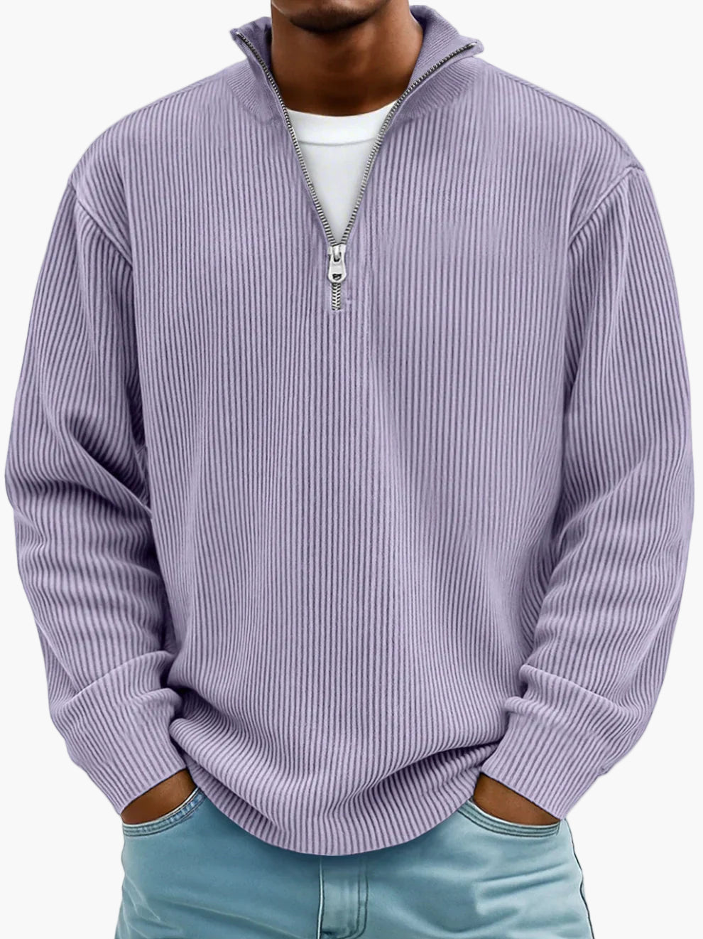 Men's half-zip ribbed knit sweater modern casual fit versatile office everyday style