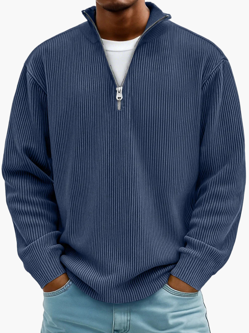 Men's half-zip ribbed knit sweater modern casual fit versatile office everyday wardrobe essential