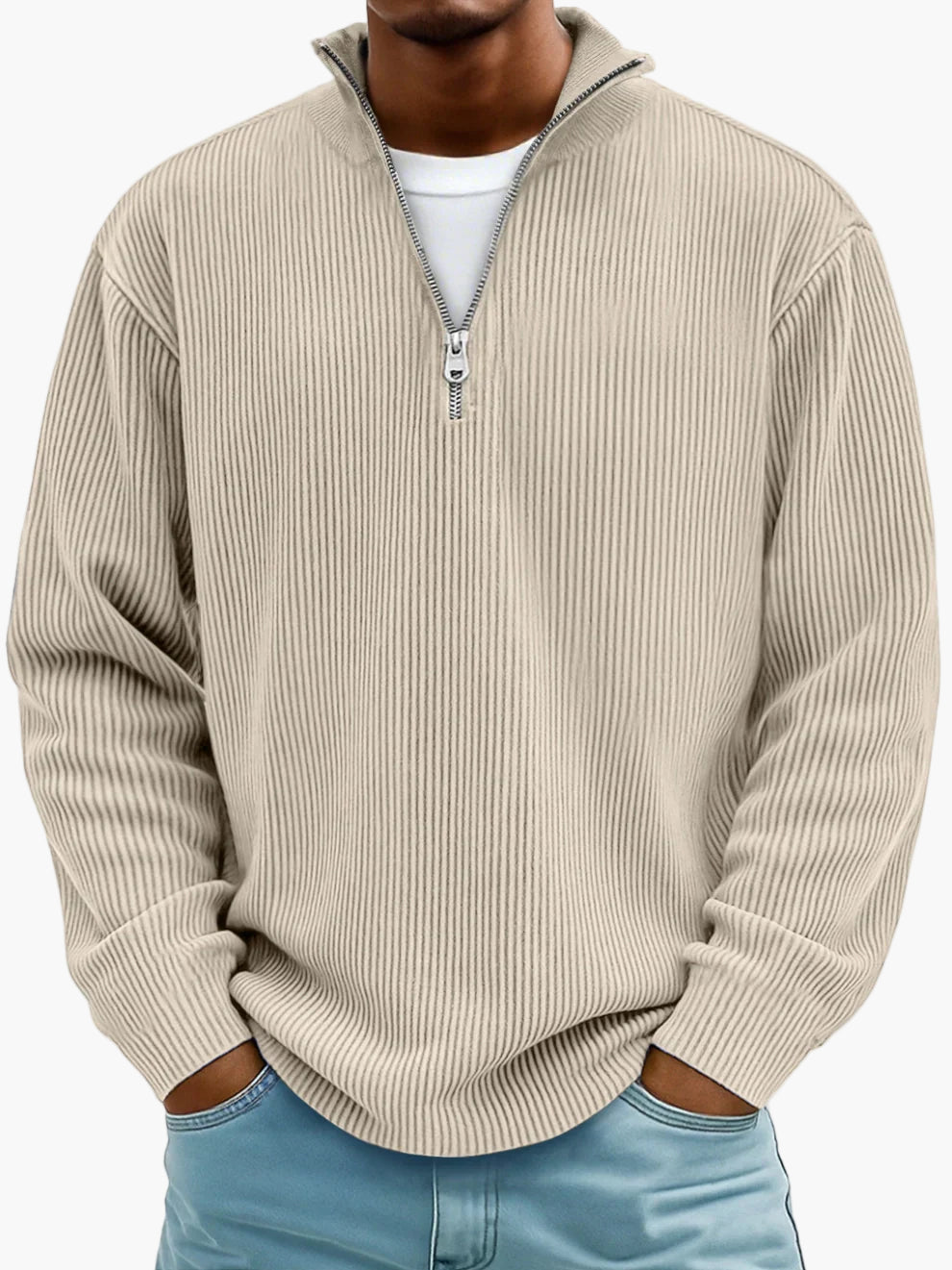 Men's half-zip ribbed knit sweater modern casual fit versatile everyday office style