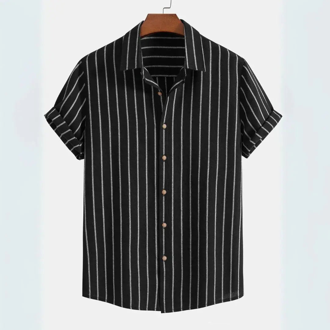 Men's white vertical stripe linen shirt relaxed fit with rolled short sleeves casual button-up