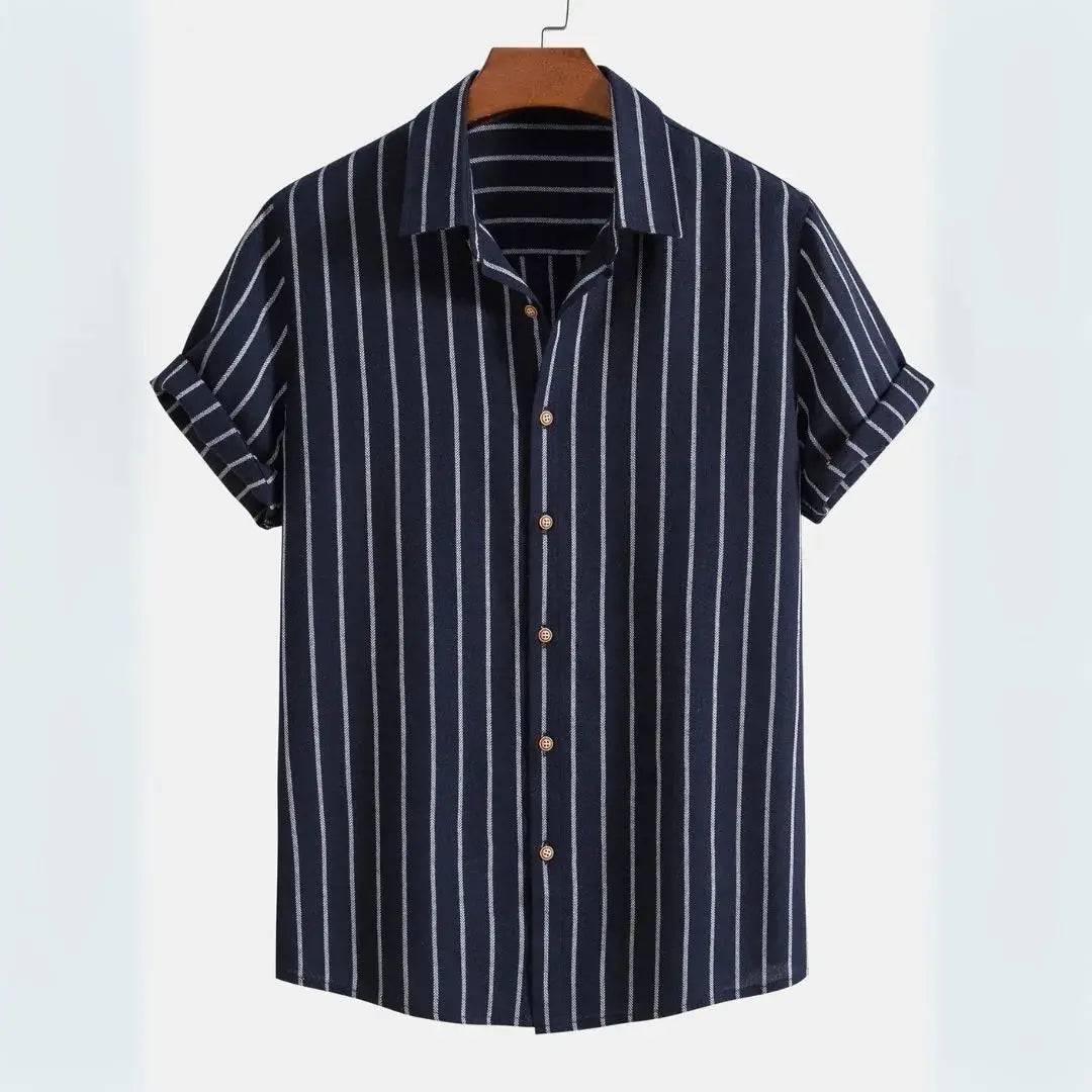 Men's white vertical stripe linen shirt relaxed fit with rolled short sleeves casual button-up