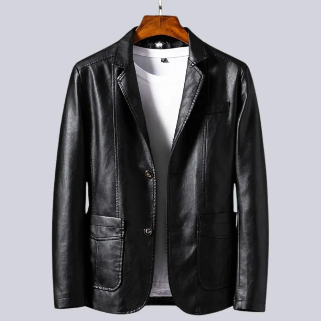 Men's black leather-look tailored fit jacket with luxurious sheen and lightweight layering design