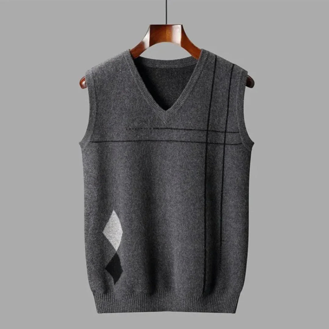 Men's charcoal wool V-neck vest textured knit sleeveless layering essential 100% natural wool
