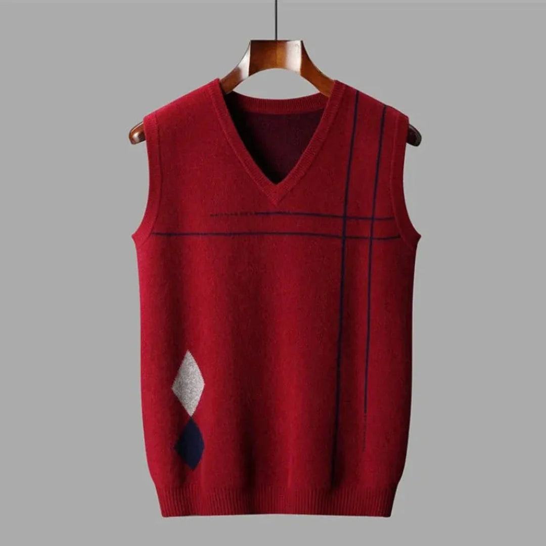 Men's wool v-neck vest natural textured knit sleeveless layering essential in classic neutral tone