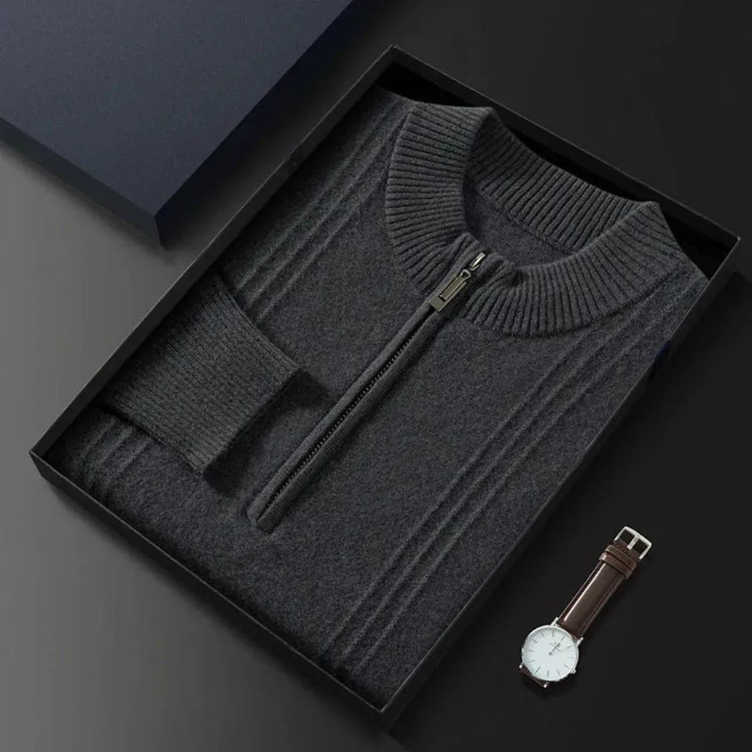 Men's classic half-zip wool blend sweater with ribbed collar and cuffs, soft cozy fit