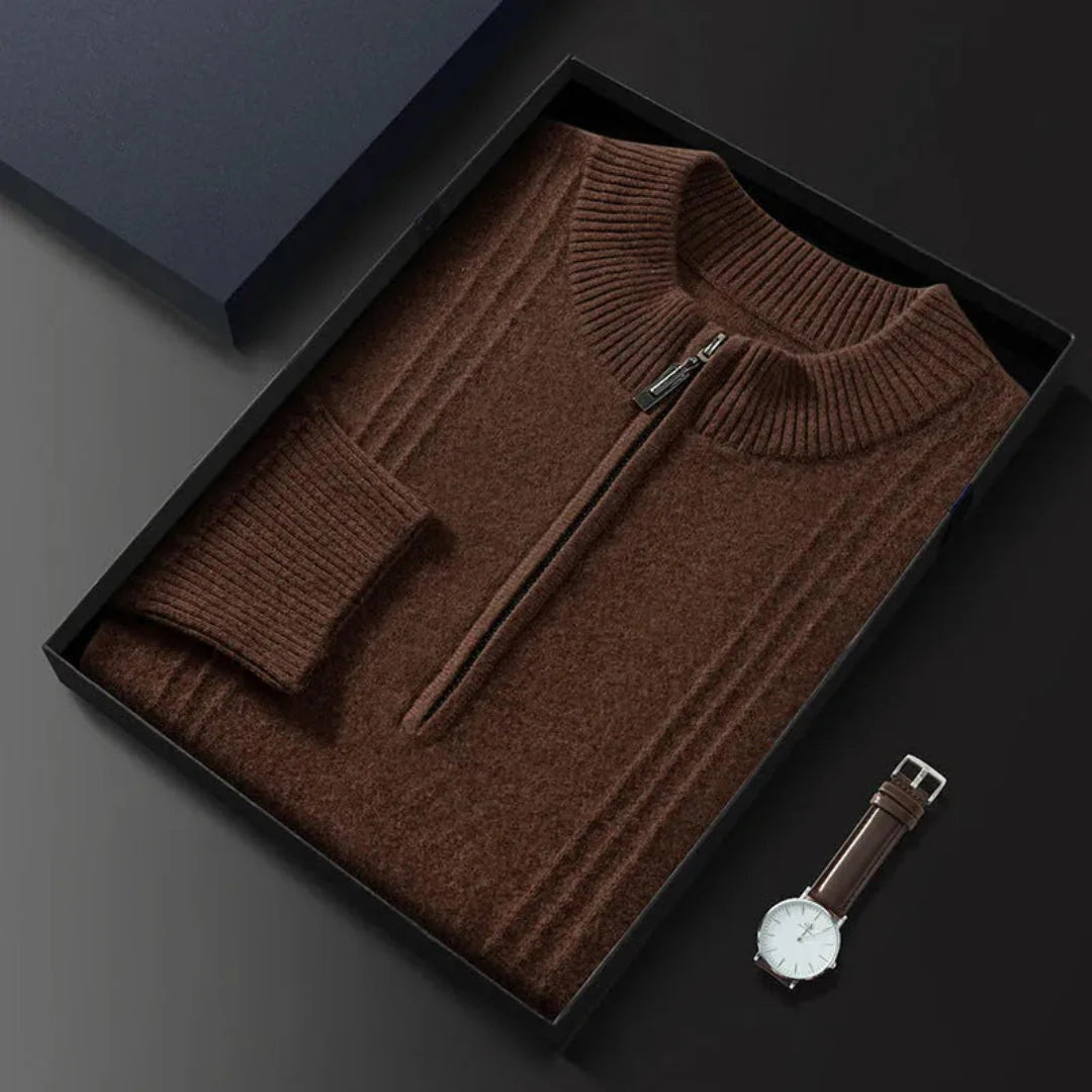 Men's classic half-zip wool blend sweater with ribbed collar and cuffs, smart-casual style