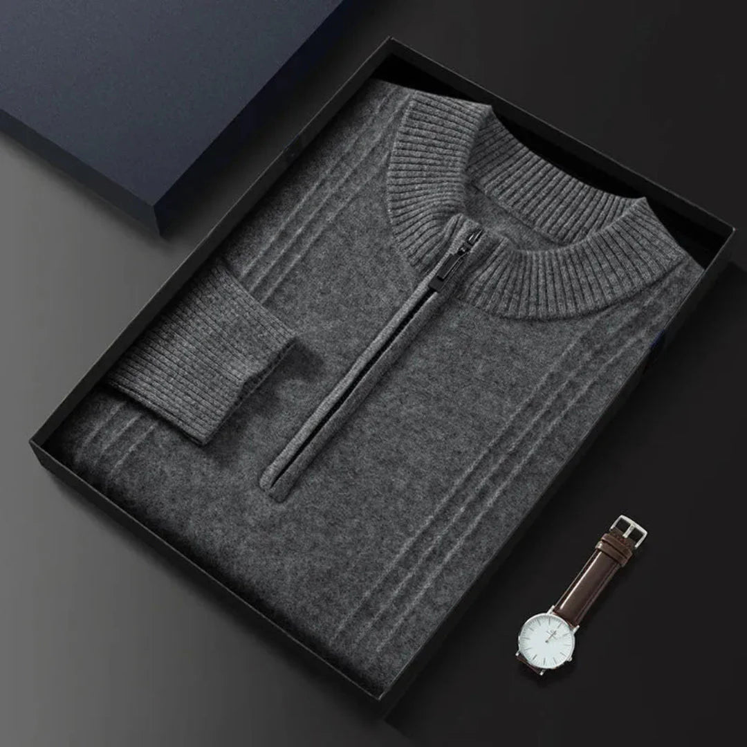 Men's classic half-zip wool blend sweater with ribbed collar and cuffs, smart-casual fit