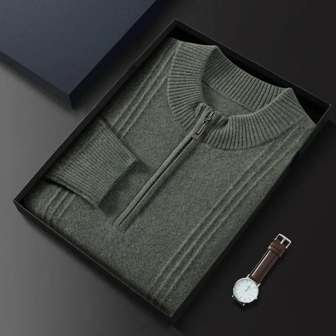 Men's gray half-zip wool blend sweater with ribbed collar and cuffs, classic smart-casual fit