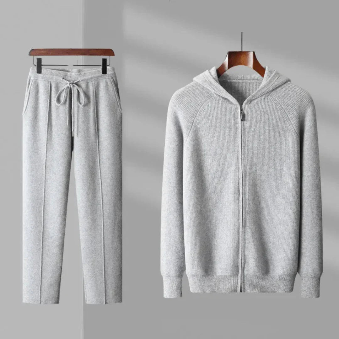 Men's premium wool hoodie and trousers set in neutral tones, relaxed fit with zip closure