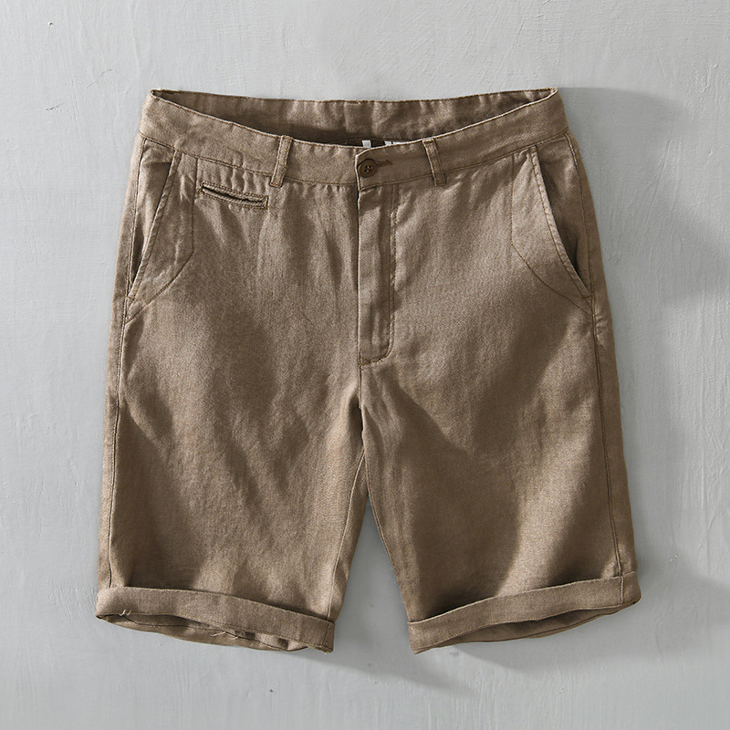 Women's linen-blend tailored shorts with rolled hem, breathable summer essential in neutral tones