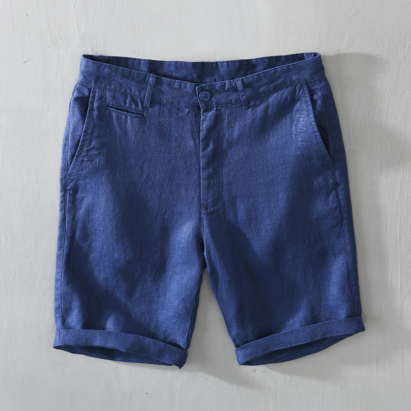 Women's beige linen-blend tailored shorts with rolled hem, breathable summer essential