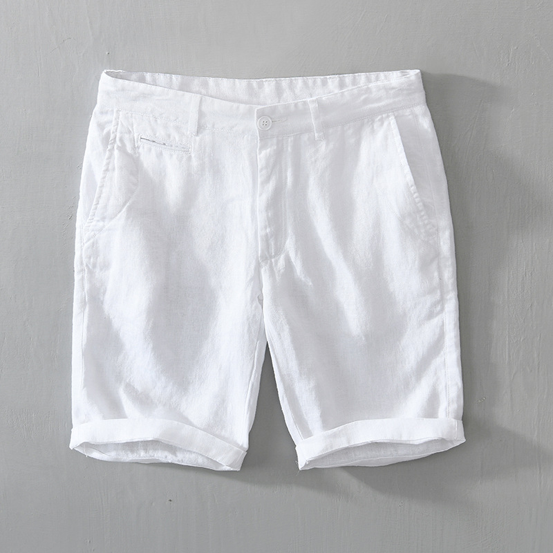 Women's beige linen-blend tailored shorts with rolled hem, breathable summer fit