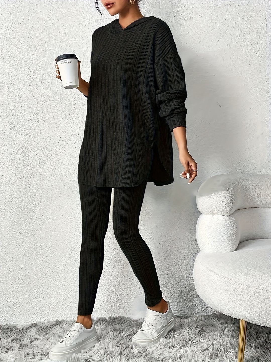 Women's ribbed knit lounge set high-waist leggings oversized hoodie ultra-soft breathable two-piece