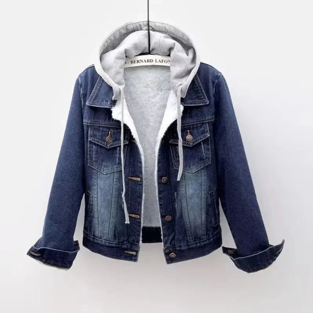 Men's blue denim hoodie jacket with sherpa lining and detachable hood for versatile cold-weather style