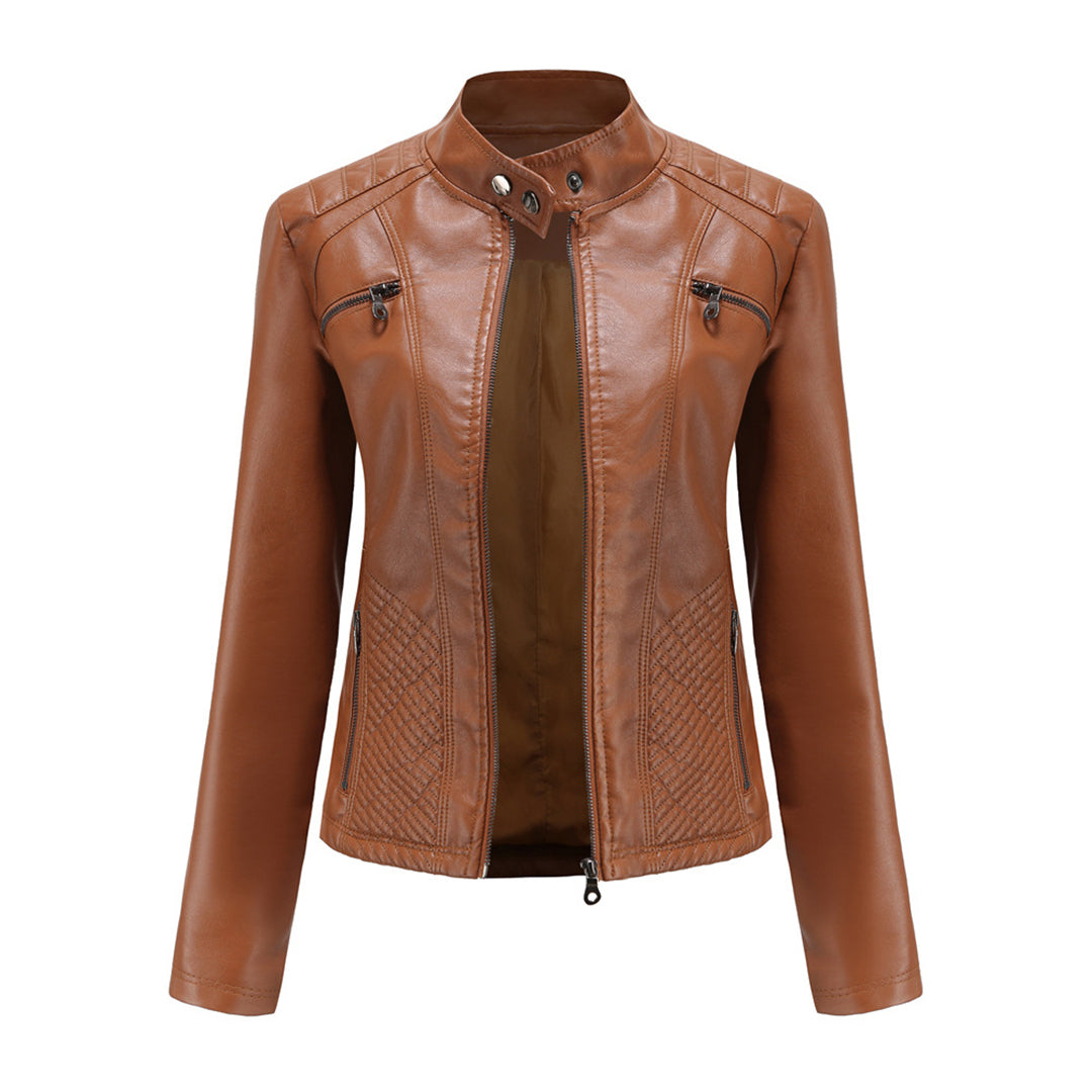 Women's black faux leather biker jacket with classic zip-up closure and flattering edgy silhouette