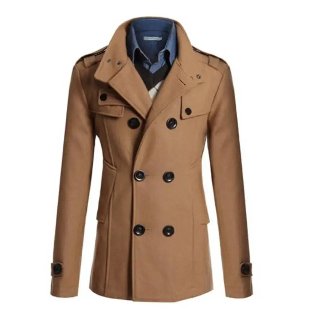 Men's charcoal wool blend double-breasted tailored coat with classic cut for modern professionals