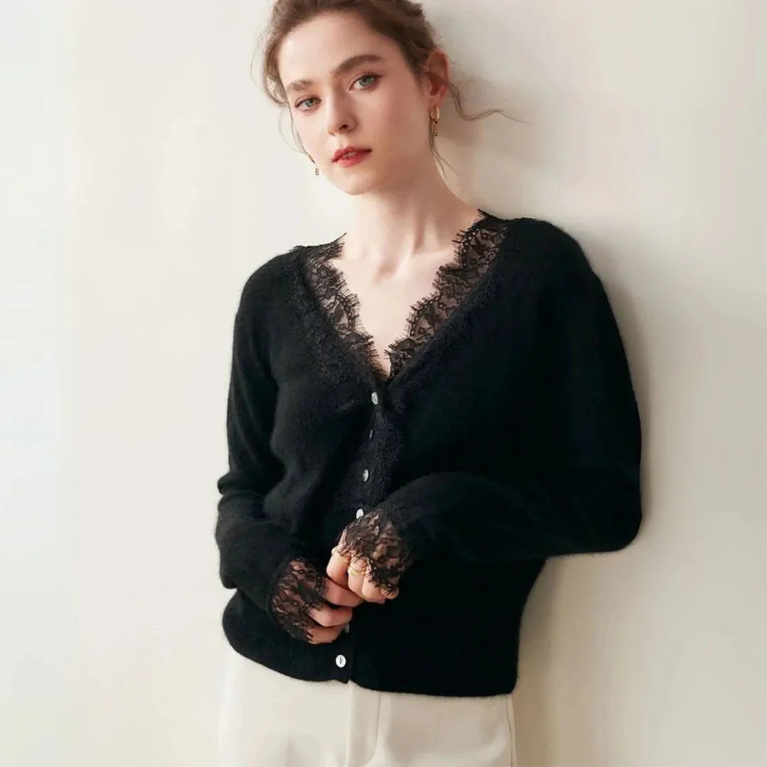 Women's ivory cashmere cardigan with lace trim accents, V-neck, button closure, premium soft knit
