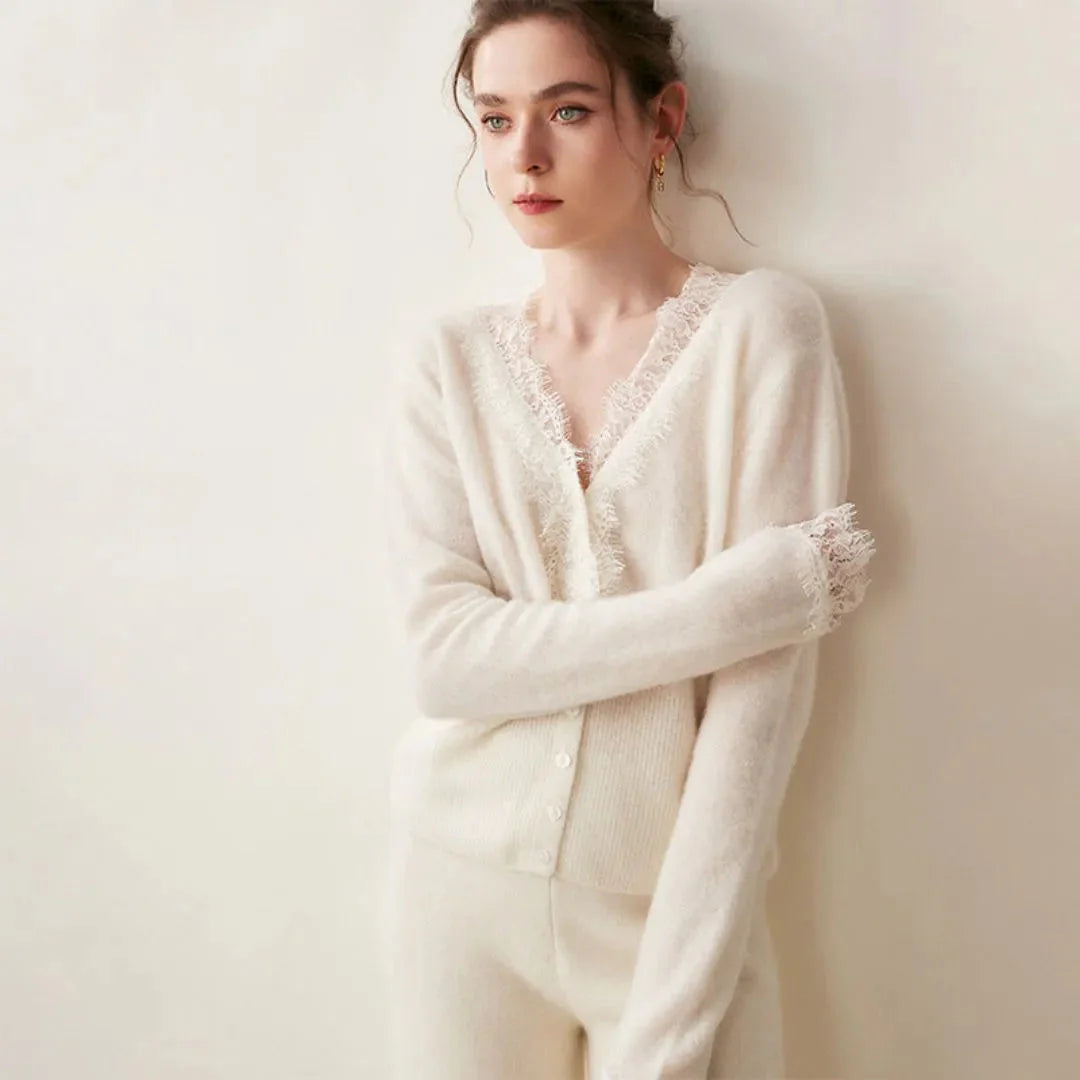 Women's ivory cashmere cardigan with lace trim, V-neck, button closure, timeless feminine style