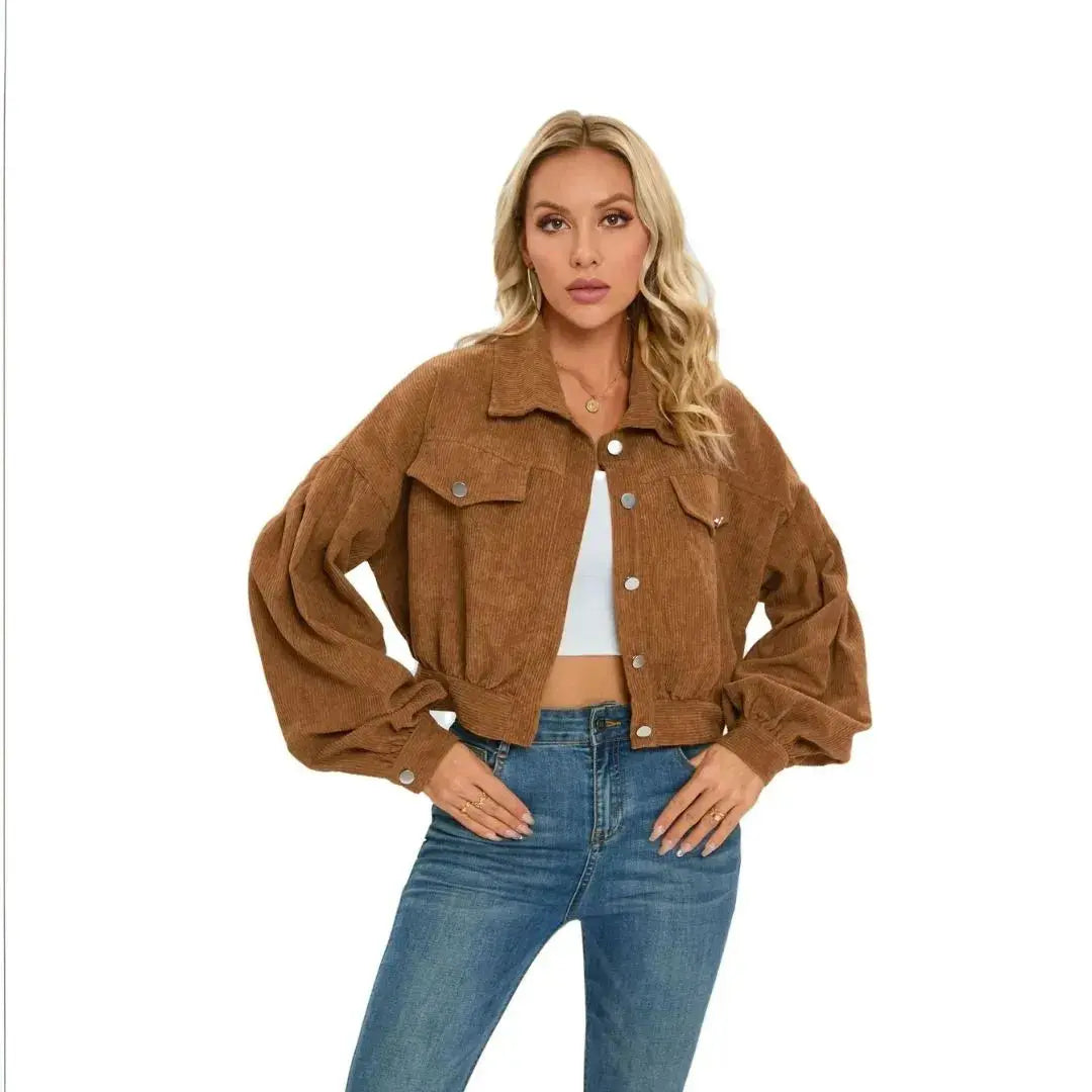 Women's cropped corduroy jacket balloon sleeves chest pockets soft relaxed casual layer