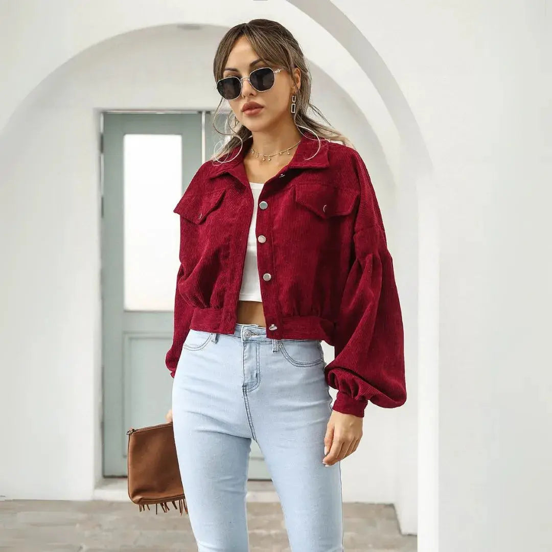 Women's cropped corduroy jacket balloon sleeves soft texture chest pockets casual chic layer