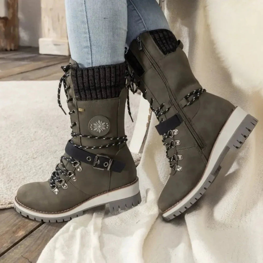 Women's waterproof lace-up snow boots beige knit cuff cozy winter style anti-slip sole