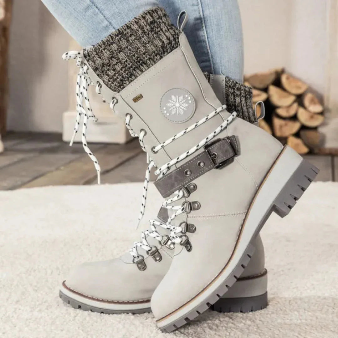 Women's waterproof lace-up snow boots beige knit cuff anti-slip winter gear cozy cold weather style