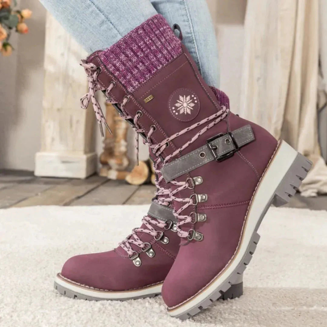 Women's waterproof lace-up snow boots beige knit cuff anti-slip sole cozy winter style