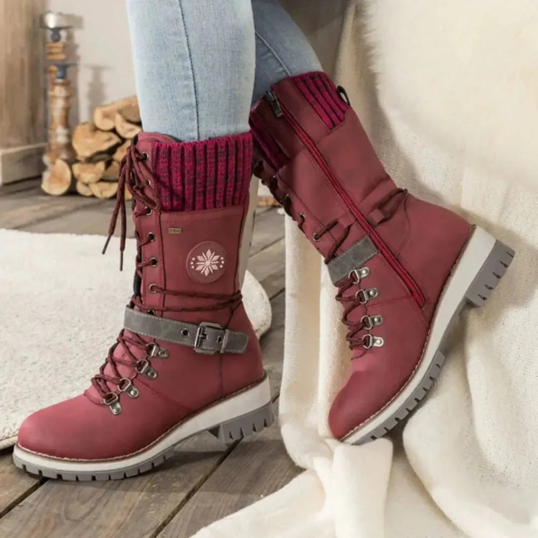 Women's waterproof lace-up snow boots beige knit cuff anti-slip sole cozy winter style