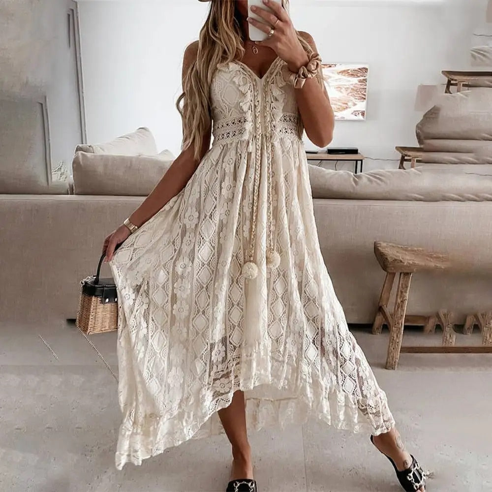 Bohemian lace maxi dress women flowy airy fit lightweight sheer overlay summer party style
