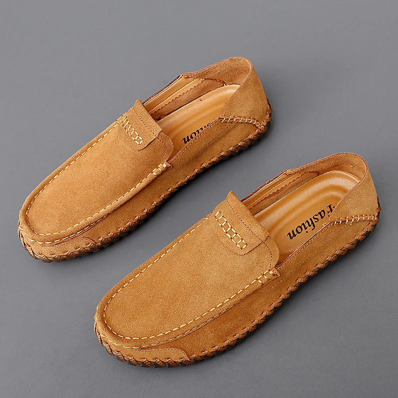 Men's suede loafers in casual style, lightweight slip-on with hand-stitched detailing and textured rubber sole