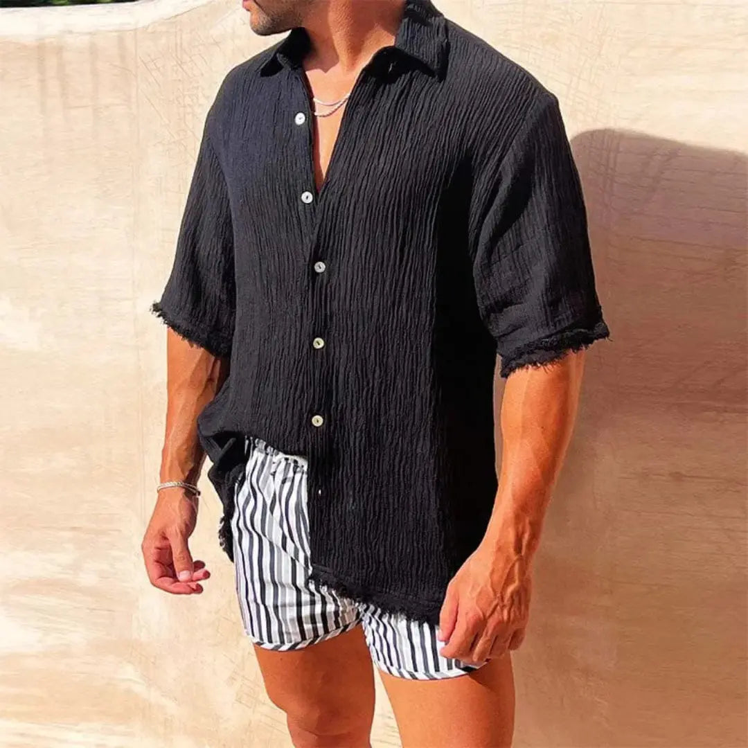 Men's white linen blend shirt with ripped distressed detail, relaxed fit bold edgy everyday style