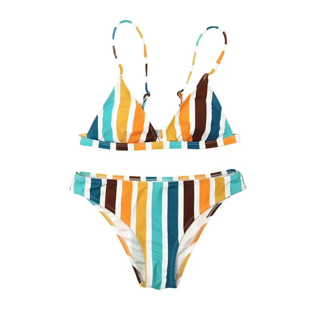 Multicolor vertical stripe triangle bikini set with adjustable straps for a flattering silhouette