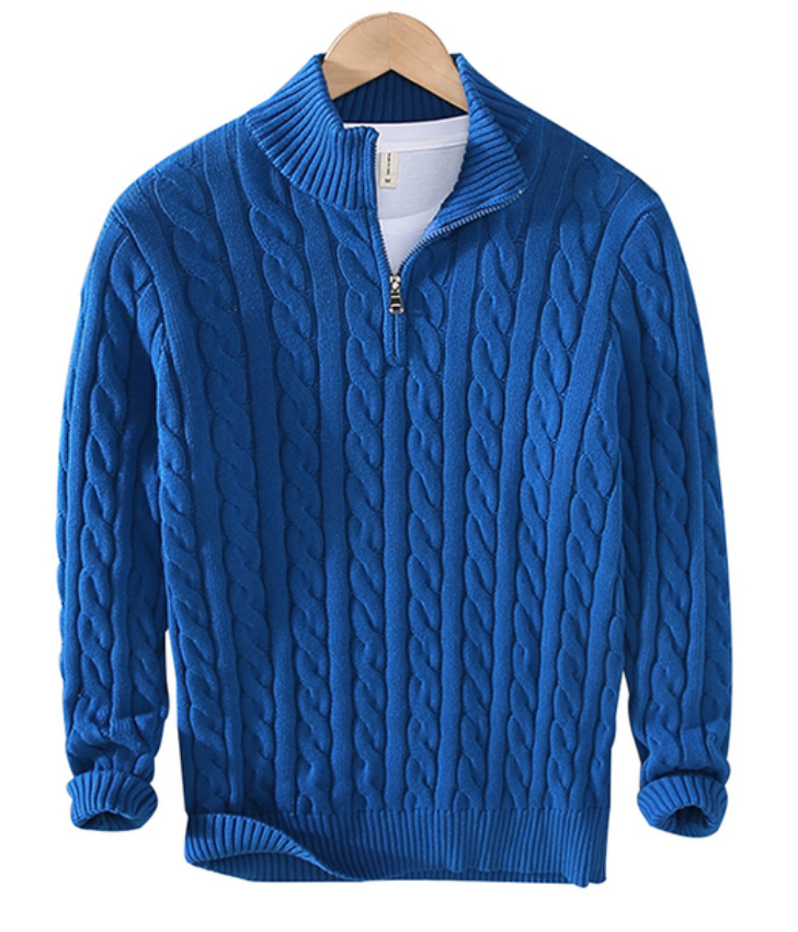 Men's grey half-zip knit sweater with classic ribbed collar, versatile everyday style