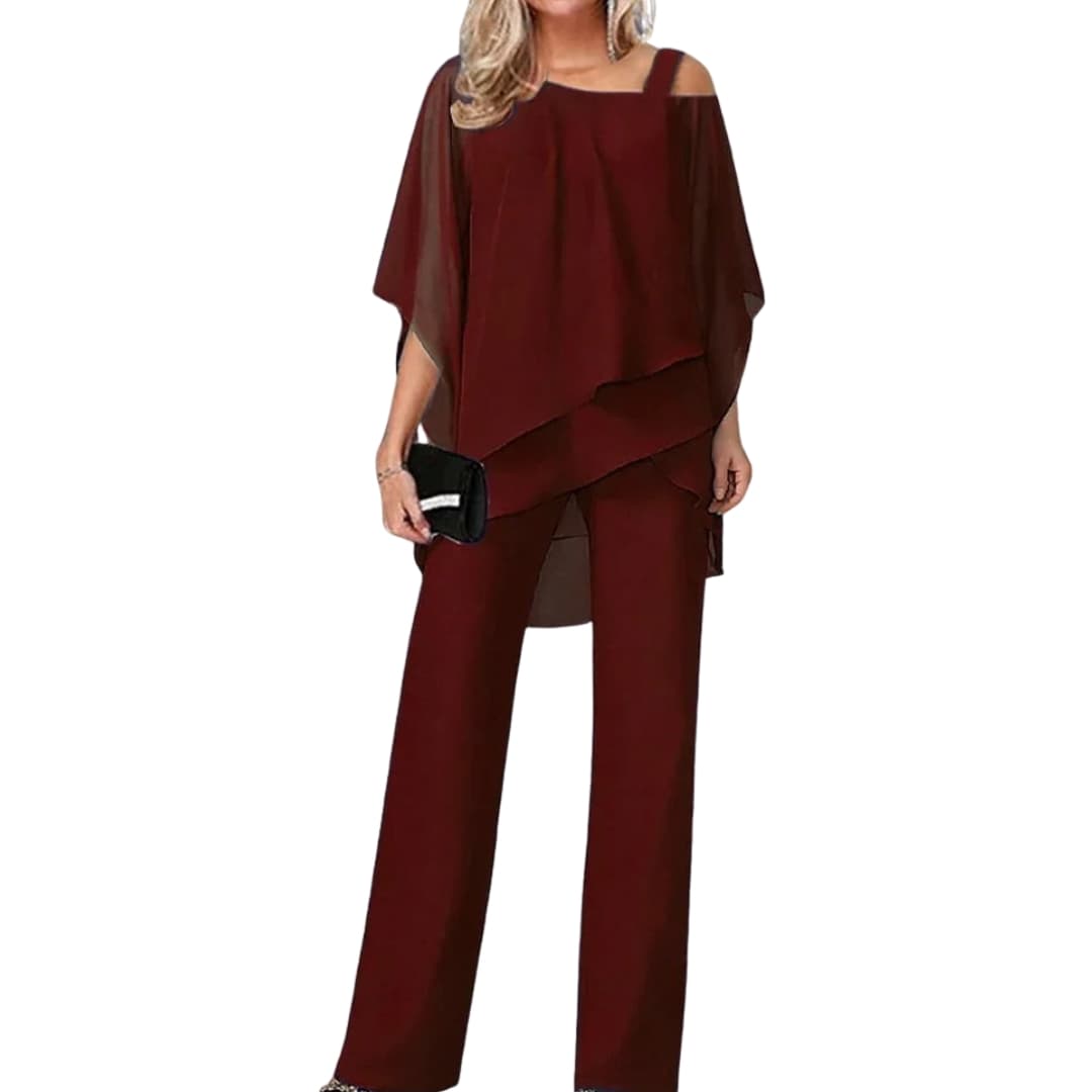 Women's off-shoulder 2-piece set fluid-cut top and elastic-waist pants coordinated elegant look