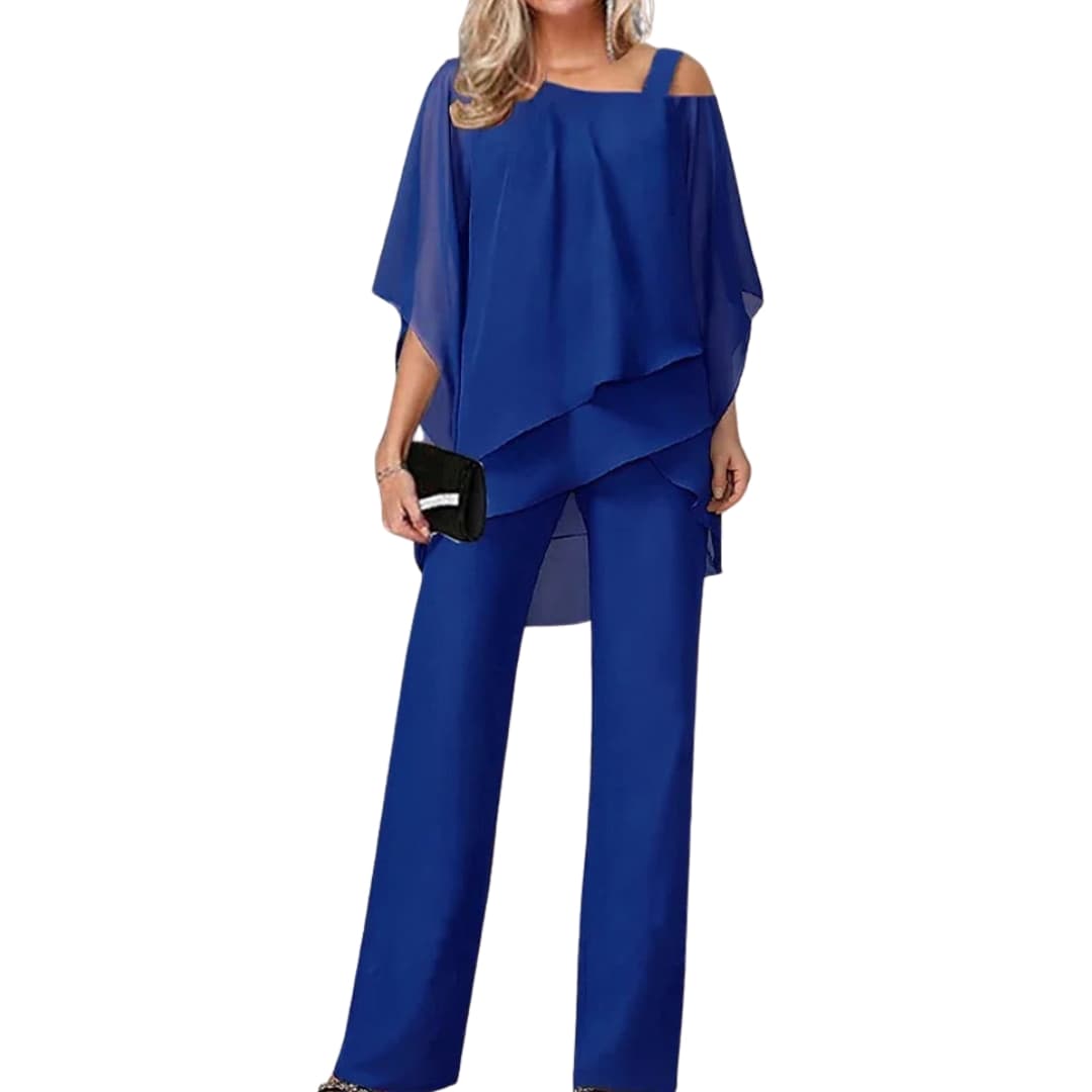 Women's off-shoulder 2-piece set fluid-cut top and elastic-waist pants coordinated elegant look