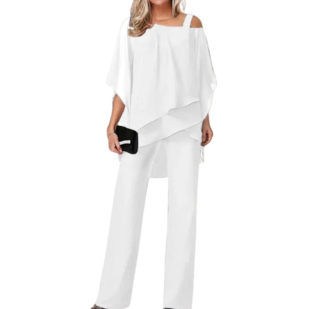 Women's off-shoulder 2-piece set fluid-cut top and elastic-waist pants coordinated elegant look