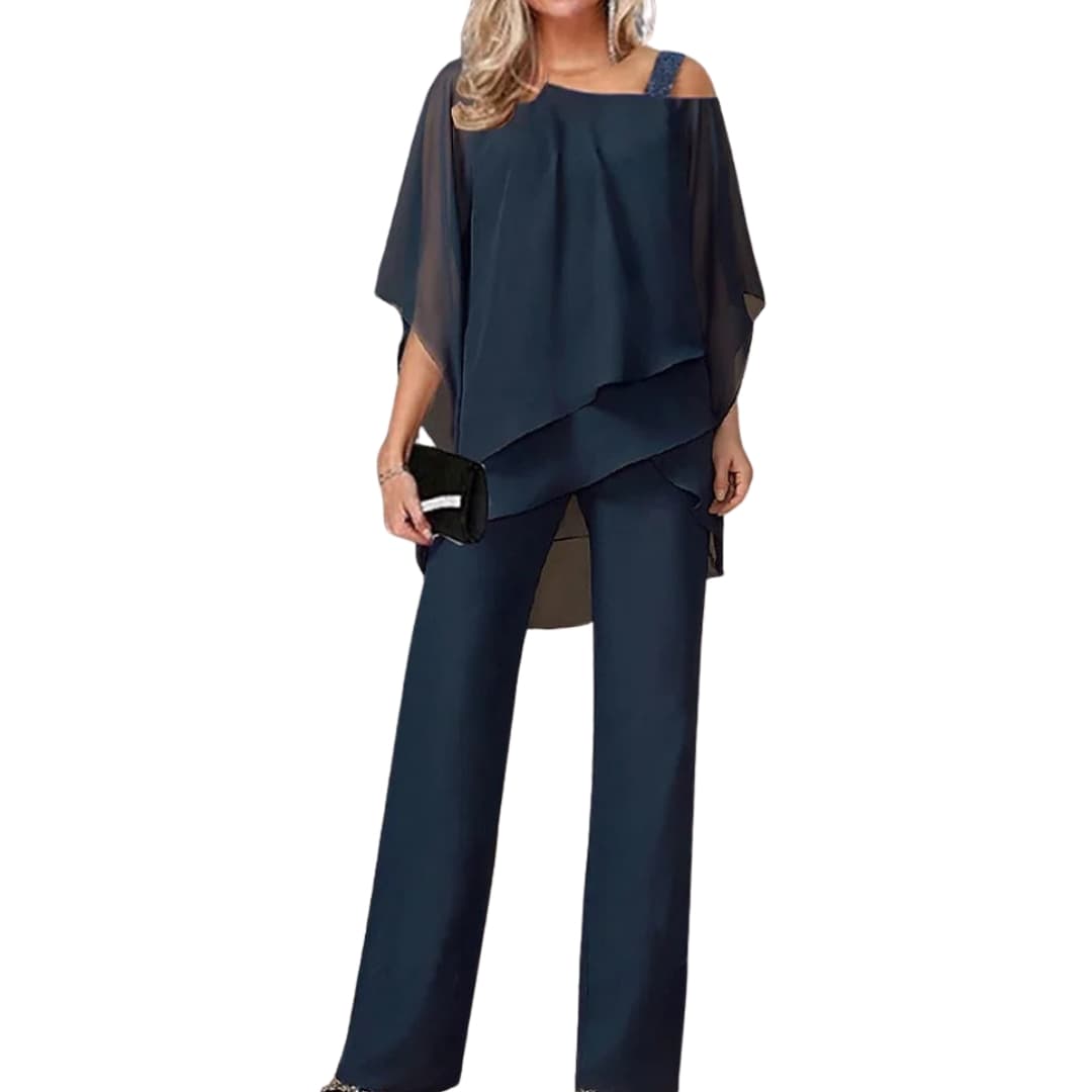 Women's off-shoulder 2-piece set fluid-cut top and elastic-waist pants coordinated elegant look