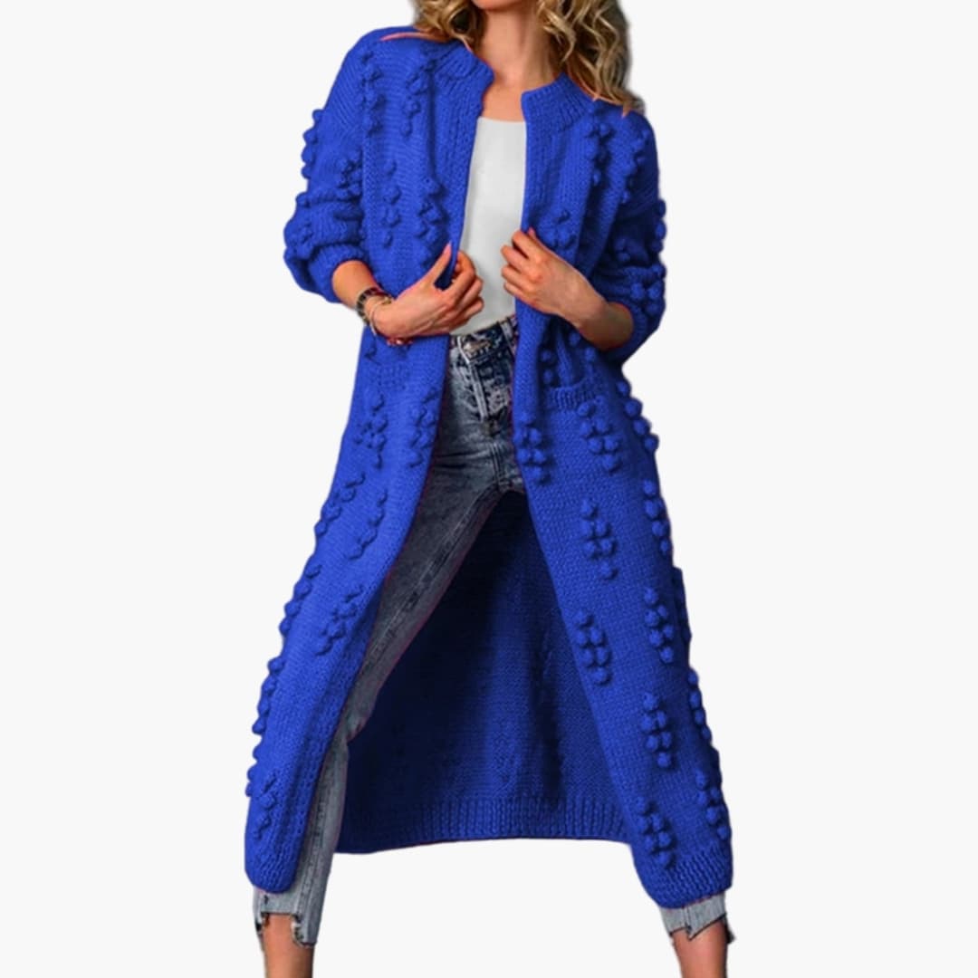 Women's long cardigan textured mesh surface front pockets open-front relaxed layering style