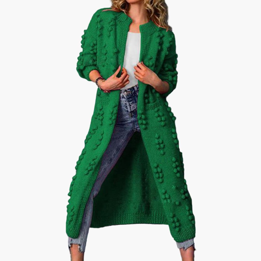 Women's long textured mesh cardigan with front pockets, open-front round neck layering piece