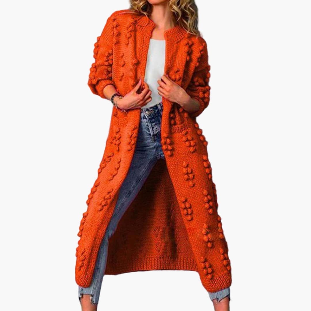 Women's long black cardigan textured mesh open-front with side pockets for layered styling
