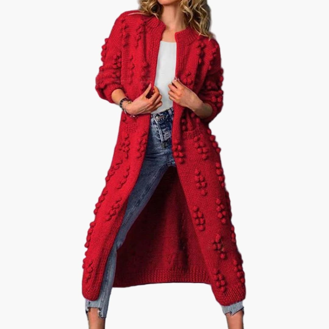 Women's long cardigan textured mesh surface front pockets open-front layering style neutral tone
