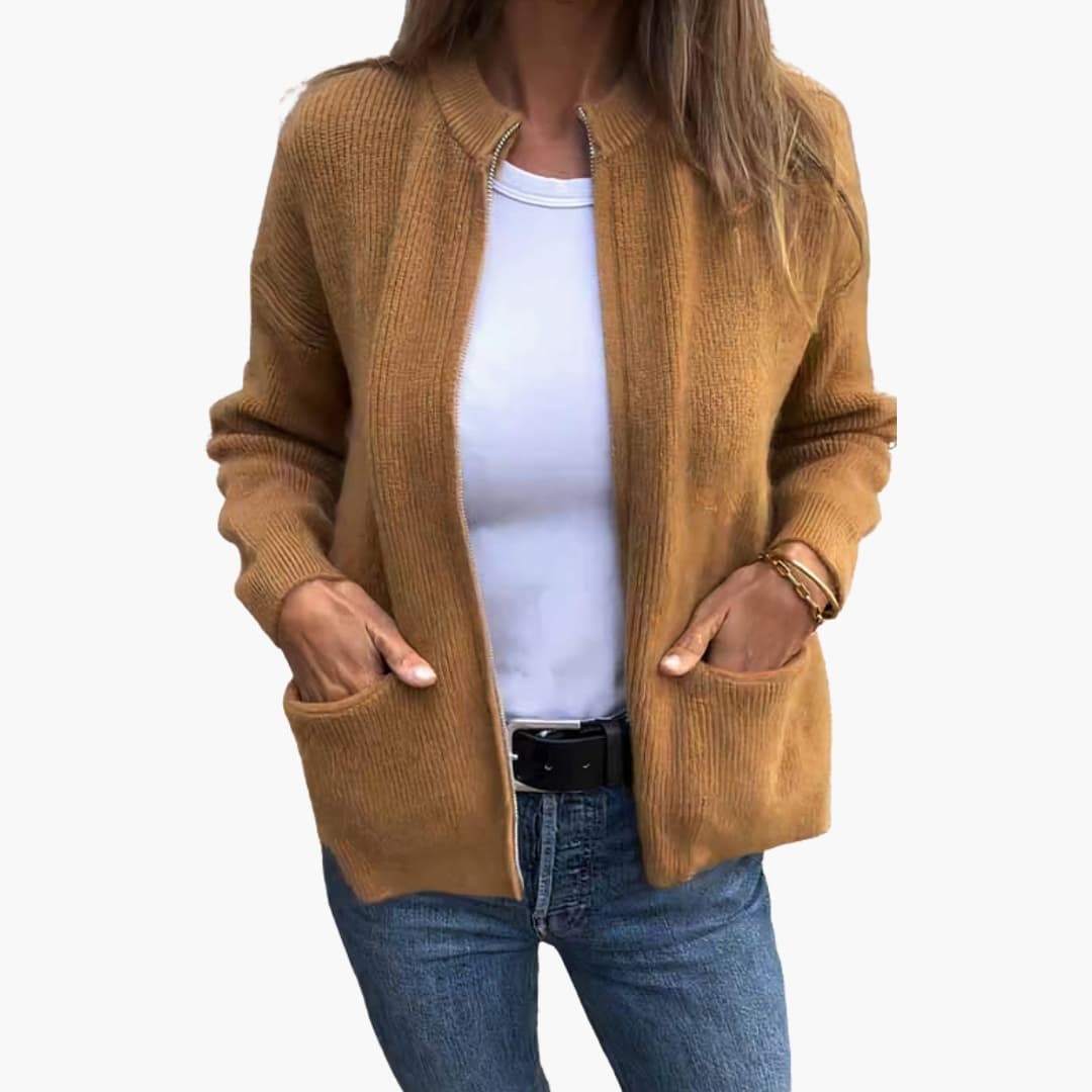 Women's zip-up cardigan stand collar textured mesh fabric lightweight layering essential with front pockets