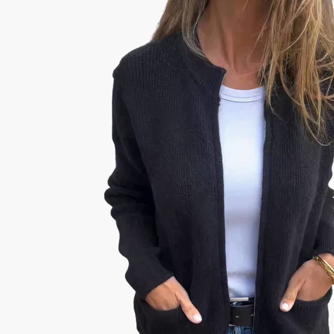 Women's zip-up cardigan stand collar textured mesh fabric lightweight layering essential with front pockets