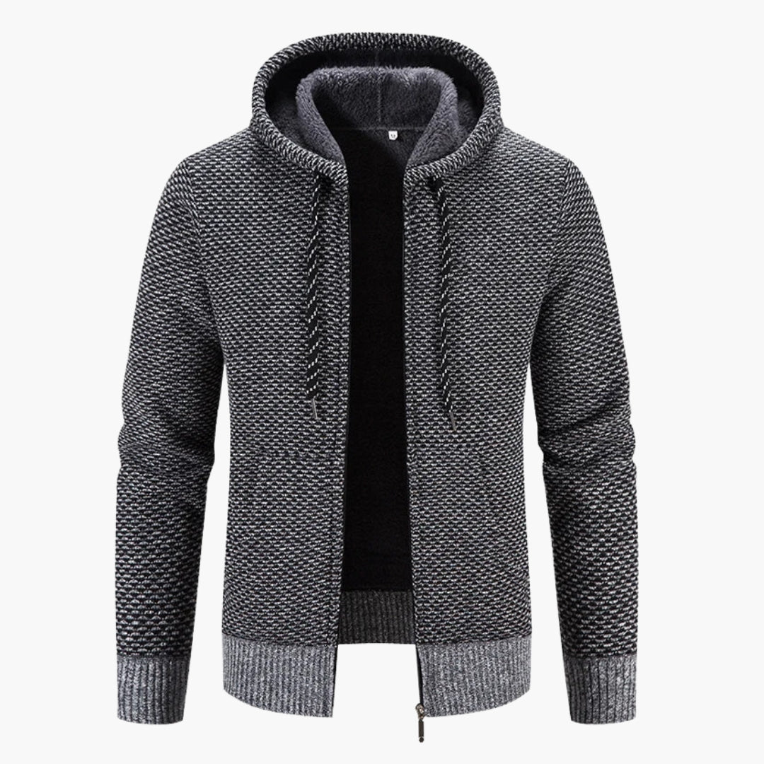 Men's gray hooded zip-up knitted cardigan with textured knit surface and adjustable drawstring hood