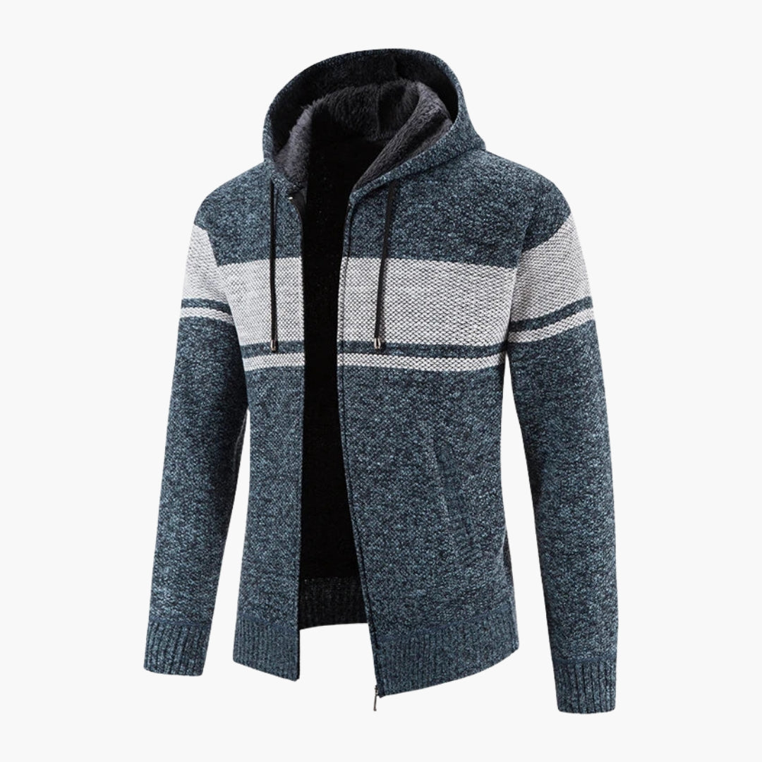 Men's gray hooded zip-up knitted cardigan with textured knit surface and adjustable drawstring hood