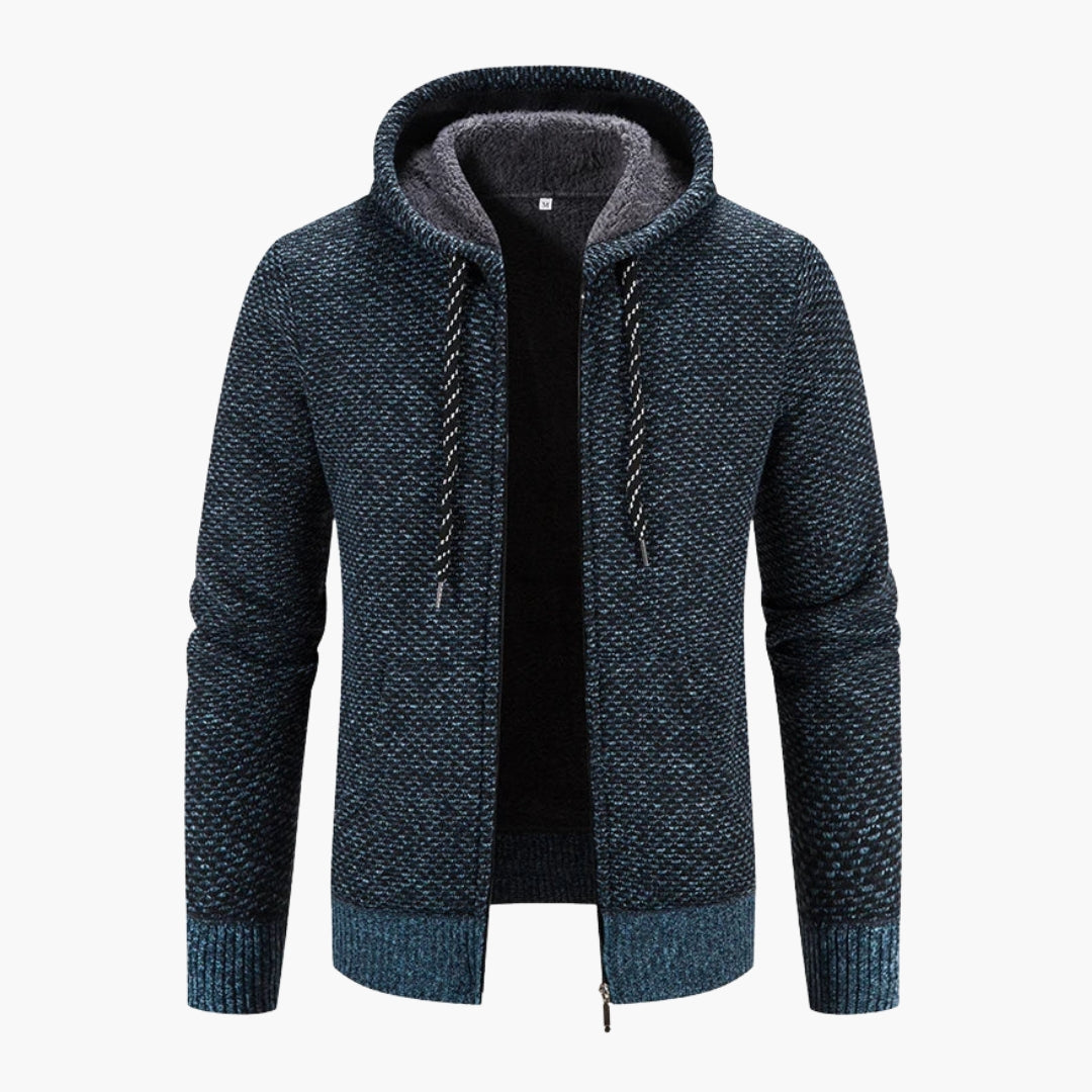 Men's gray hooded zip-up knitted cardigan with adjustable drawstring hood for cozy layering