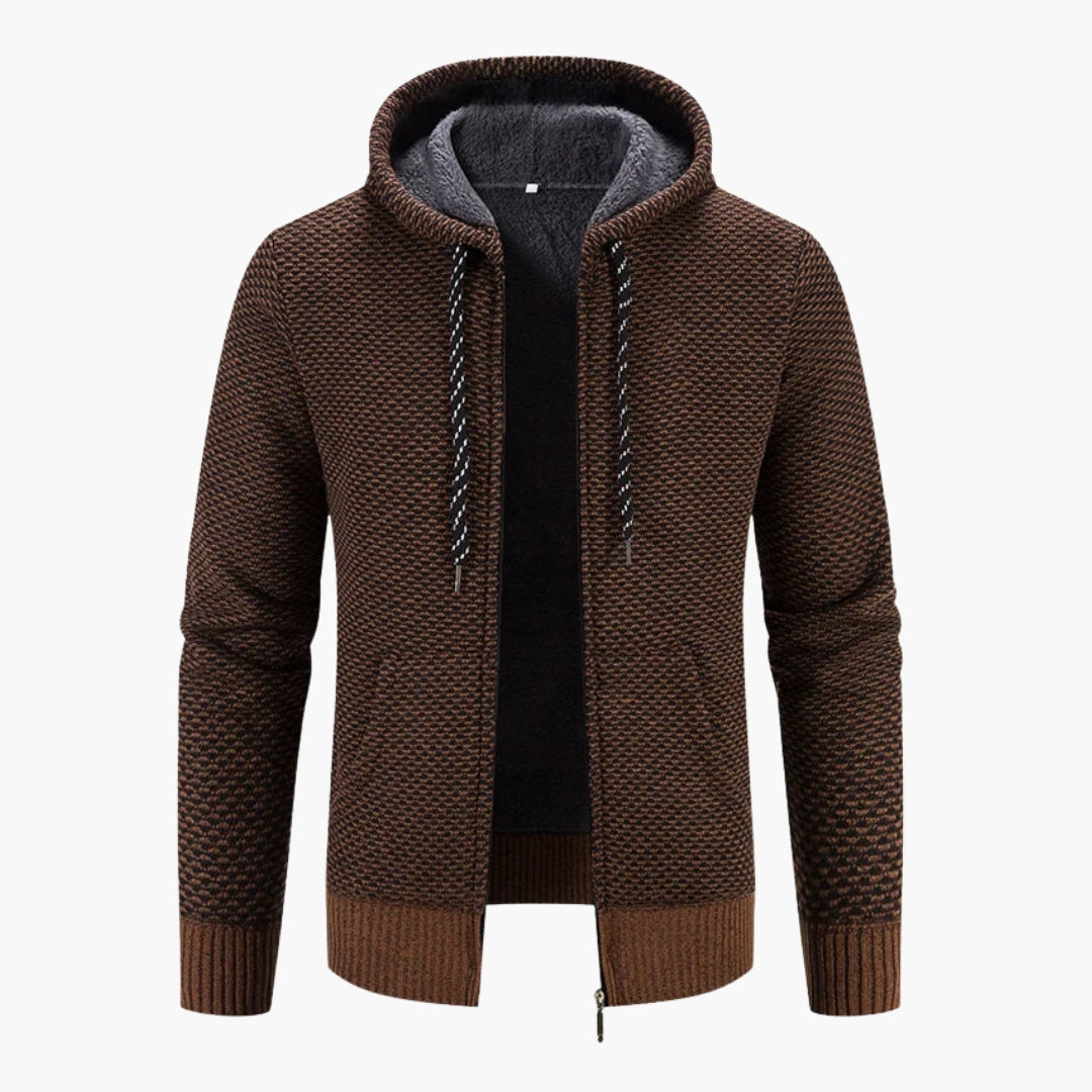Men's hooded zip-up knitted cardigan cozy textured knit for autumn winter layering warmth